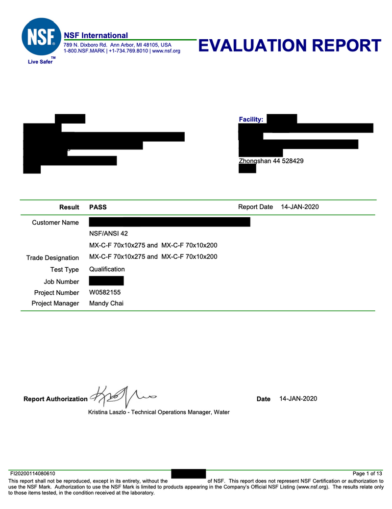 NSF Test Report